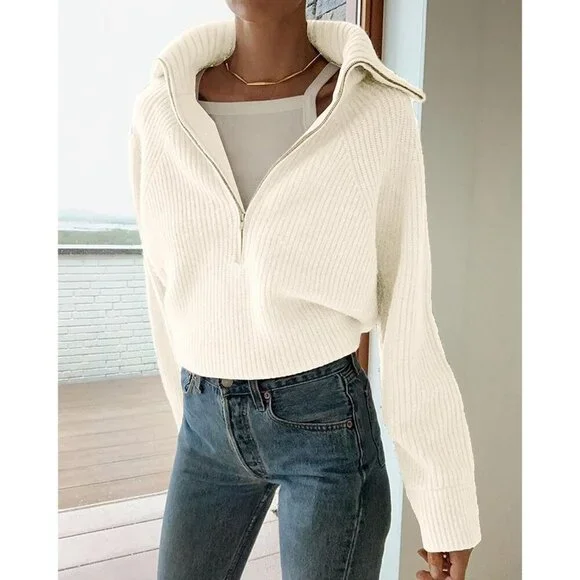 Women’s Casual Long Sleeve Half Zip Pullover Sweaters Solid V Neck Jumper Top - Picture 2 of 7